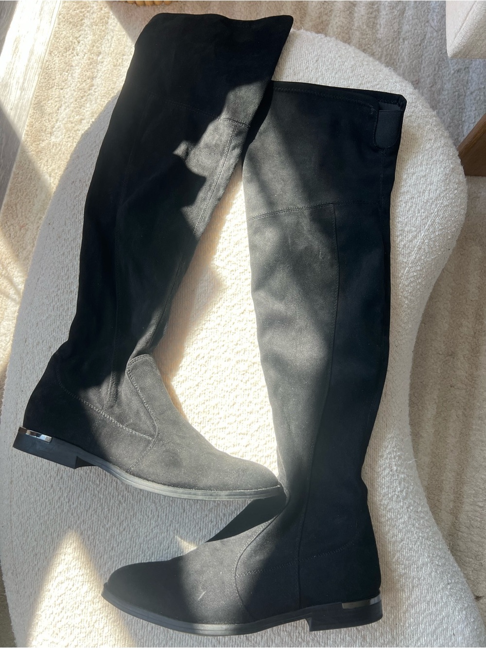 Marc Fisher Black Over-the-Knee Stretch Boots with Metallic Heel Accent